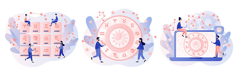 占星学的科学概念。占星预测。黄道带，天体坐标系，星星和星座。小人占星家在读本命图。现代平面卡通风格。