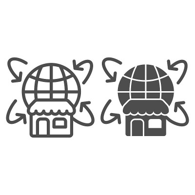 与箭头和商店线和固体图标，购物概念，在白色背景上的网上购物标志，商店在互联网图标的轮廓风格的移动概念