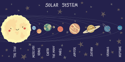 矢量手绘太阳系行星的平面风格插图。太阳系。可爱，可爱的太阳，地球，水星，金星，土星，海王星，火星，木