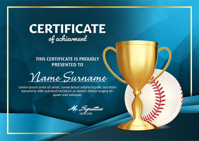 Baseball Certificate Diploma With Golden Cup Vecto