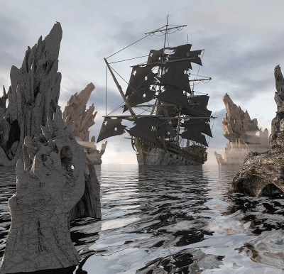 老吓人海盗船在海上渲染3d插图