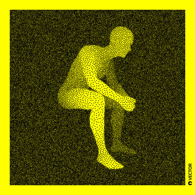 坐着的人。3D人体模型。黑色和黄色颗粒图案。点画矢量插图。