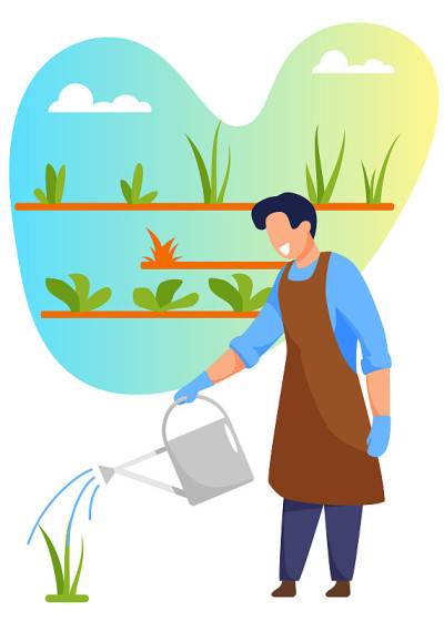 年轻男子园丁或花匠浇水植物