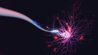 神经科学，医学概念数字渲染。脑细胞发送电信号。