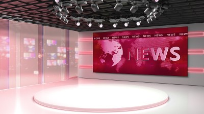 电视演播室。新闻的房间。Blye和红色背景。一般和特写镜头。新闻工作室。演播室背景。编辑部bakgr