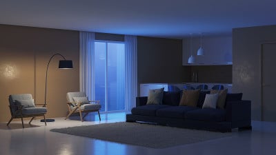 现代房子内部。的夜晚。晚上照明。3 d渲染。