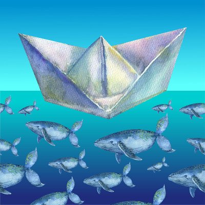 海洋里的水彩鲸鱼和纸船。世界鲸日。世界海洋日。