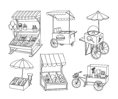 一套摊位商店和推车，矢量插图