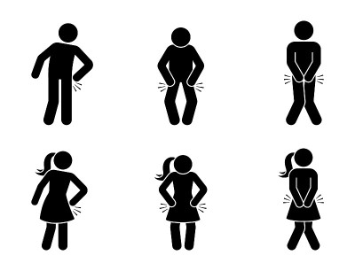 简笔人物男人和女人与臀部疼痛图标矢量插图集。白色背景上有大腿疼痛轮廓图的贴纸