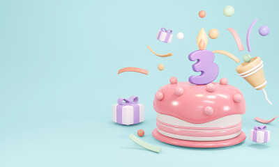蜡笔生日蛋糕派对的3D渲染与蜡烛3号与复制空间在蓝色背景。3 d渲染插图。