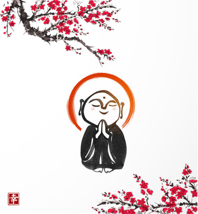 水墨画祈祷日本菩萨齐藏和樱花盛开。传统的日本水墨画佛糜璧。象形文字的翻译——幸福