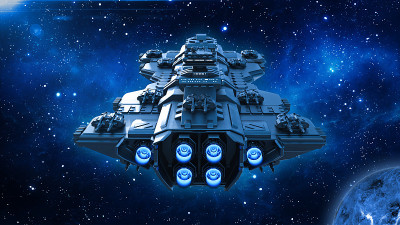 宇宙飞船遨游深空，外星UFO飞船与行星和恒星在宇宙中飞行，后视图，3D渲染