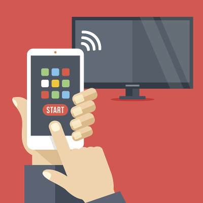 通过智能手机和wifi控制电视机。平面向量插图