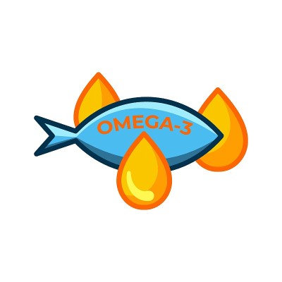 鱼油图标孤立在白色背景。维生素omega - 3模板。水滴和鱼的剪影。平的风格。治疗营养护肤载体设计