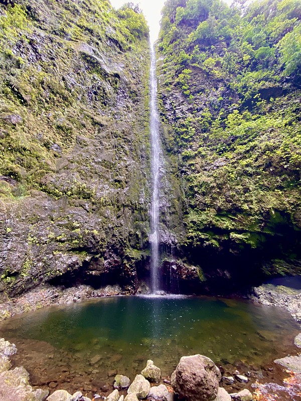 葡萄牙马德拉岛绿色峡谷中的瀑布