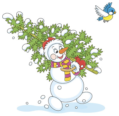 滑稽的雪人扛着圣诞树