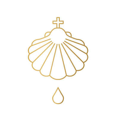 金色洗礼贝壳与圣水的水滴图标