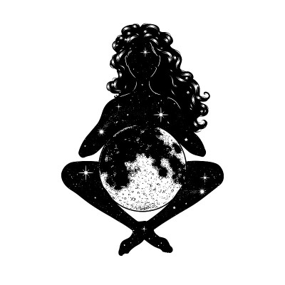 美丽的女人与满月沉思，女神象征。矢量图