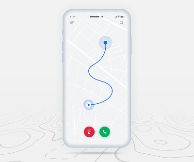 地图GPS导航ux ui概念，智能手机地图应用程序在屏幕上的目的地点，App搜索地图导航，技术地图，