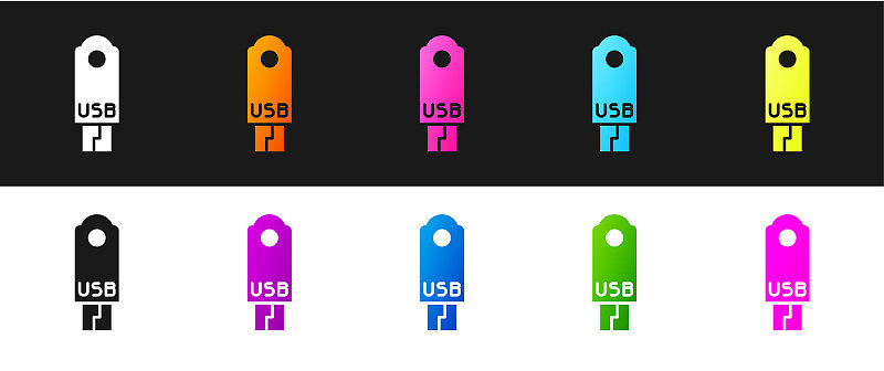 设置USB闪存驱动器图标隔离在黑色和白色背景。矢量图
