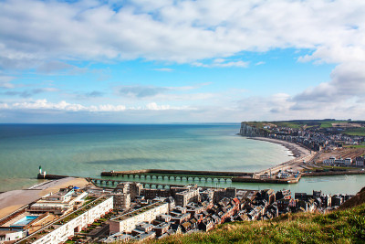 Treport。从露台眺望海滨的全景。Seine-Maritime。诺曼底