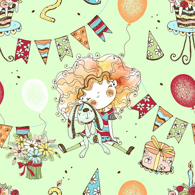 Seamless pattern with a cute girl with a Bunny for