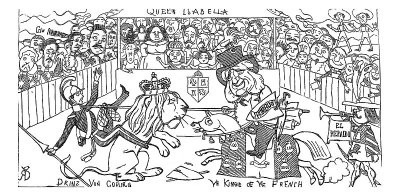 英国讽刺漫画插图-骑着狮子的人与骑在马上的人比武