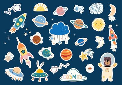 为孩子收集太空贴纸，行星，月亮，星座，火箭