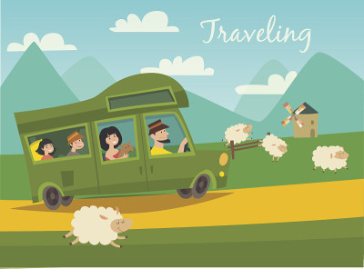 巴士旅行到营地，旅游概念矢量插图