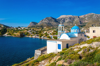 希腊蓝色穹顶教堂，Kalymnos，希腊