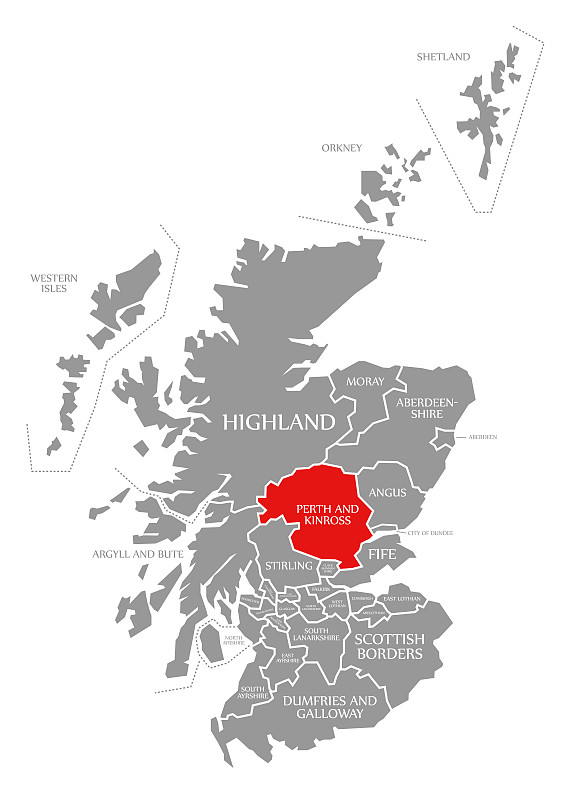 珀斯和金罗斯在英国苏格兰地图上用红色标出