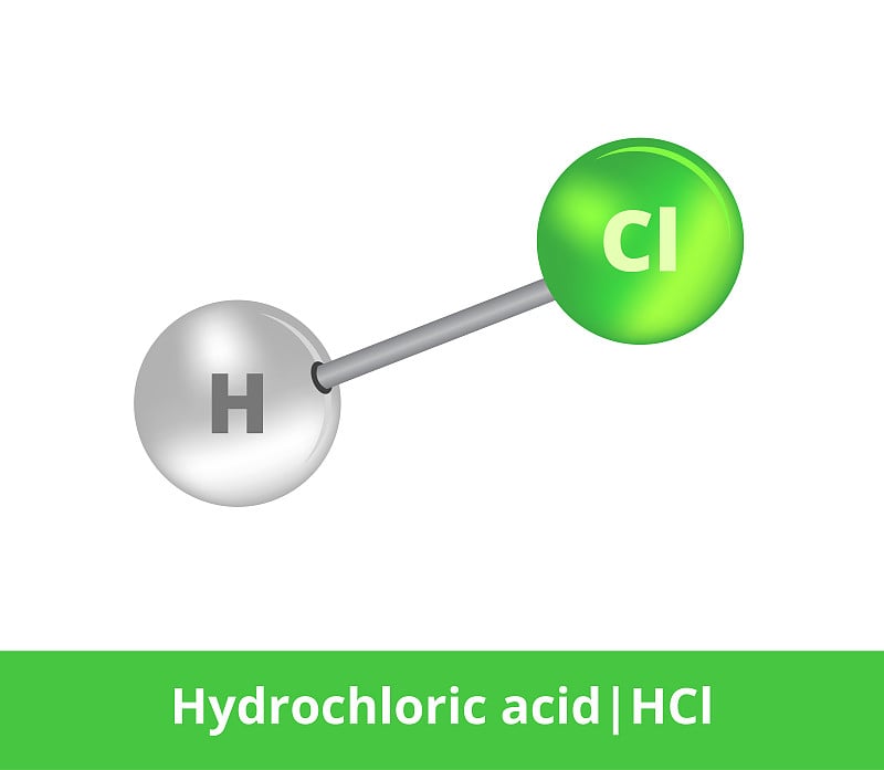 无机酸的矢量球棍模型。盐酸的图标HCl结构由氯和氢组成。结构公式适合教育孤立在一个白色背景。
