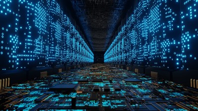 未来的外星人超级计算机连接网络数据中心3d渲染
