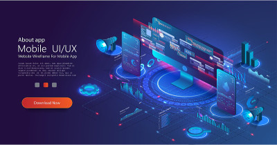 应用UX的PC和电话业务图和分析数据等距。金融营销等距登陆页。数字化商务，在线交易投资，自动化技术。