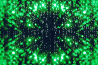 绿蓝矩阵数字背景。抽象的网络空间的概念。人物倒了。来自符号流的矩阵。虚拟现实设计。复杂的算法数据黑客