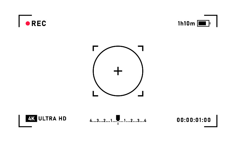 透明背景上的相机水平取景器模板。4K手机分辨率视频帧。照片相机取景器。屏幕录像。矢量图形设计