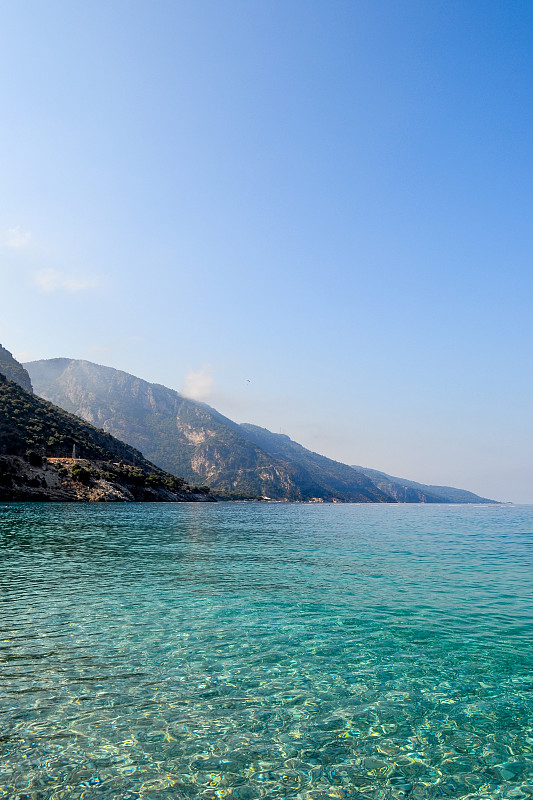 美丽的海景。平静的蔚蓝海面，微风拂过水面。地中海