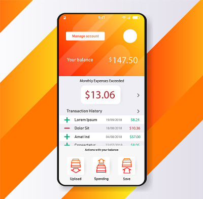 智能手机widjet手机应用用户界面设计财务理财应用。UI, UX, GUI web风格，简约的平面