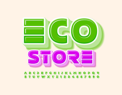 向量企业标志生态商店。绿色3D字母和数字集