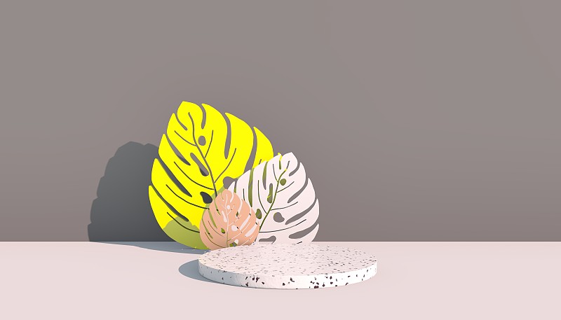 模型，讲台，显示与怪物树叶热带植物背景，3d渲染