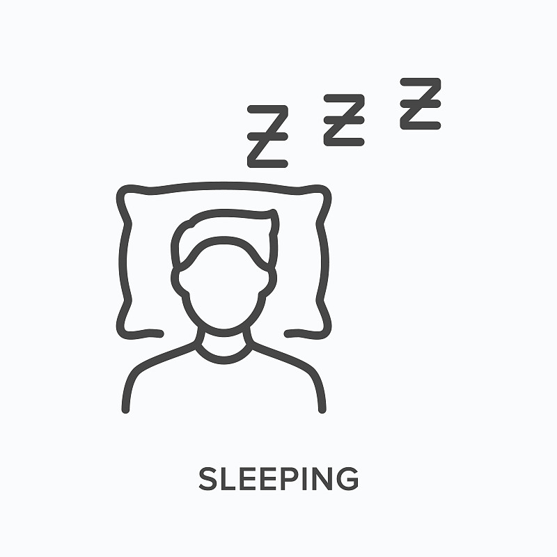 睡眠平线图标。床上的人矢量轮廓图。黑色细线形象形图表示夜间休息