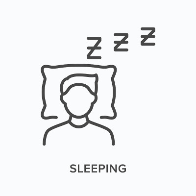 睡眠平线图标。床上的人矢量轮廓图。黑色细线形象形图表示夜间休息
