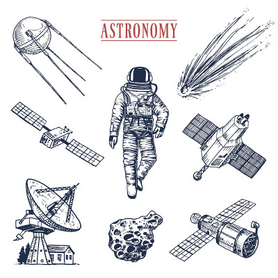 宇航员太空人。太阳系中的行星。天文星系。宇航员探索冒险。用旧素描手绘，复古风格。航天飞机，射电望远镜