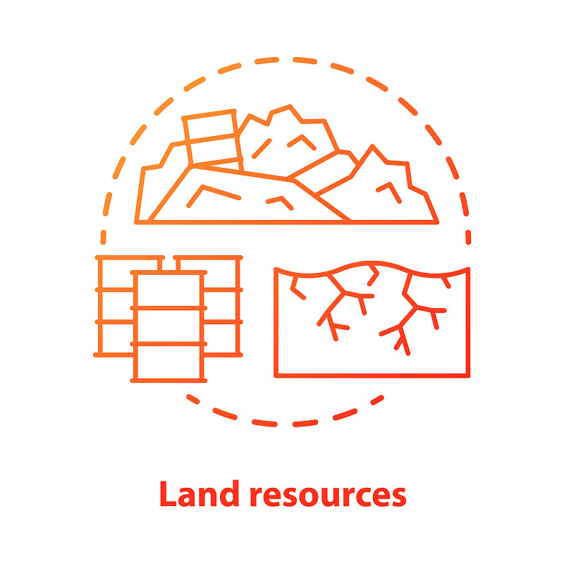 土地资源概念图标。用蓝色细线说明天然矿物的使用想法。土壤污染和侵蚀，生态灾难。自然污染。矢量孤立轮廓