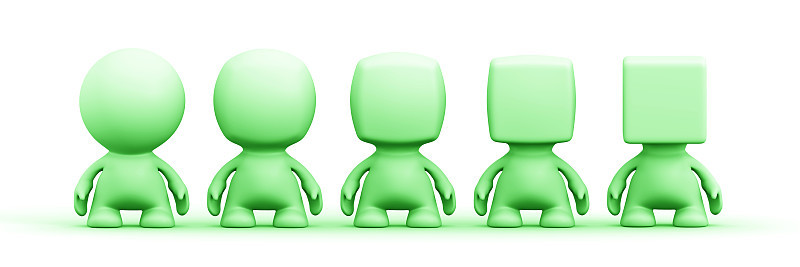 5个绿色的3d人类，头部形状从球形到立方体，在白色背景前(3d插图)