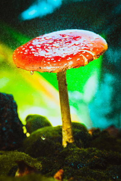 美丽的红色与白色斑点蘑菇上的苔藓