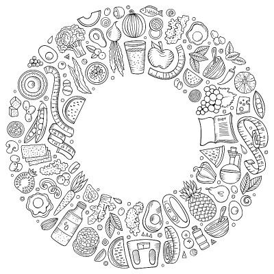 Set of vector cartoon doodle Diet food objects