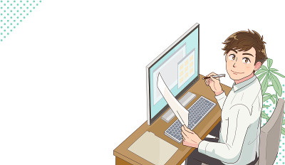 年轻人朝桌子那边工作。