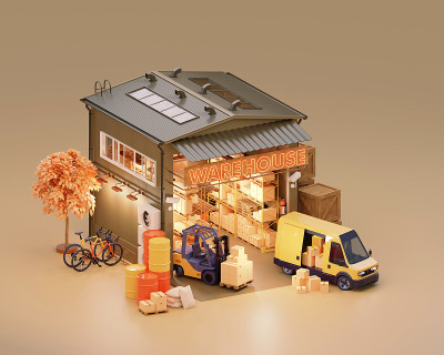 仓库建筑内部和叉车