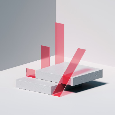 3d渲染，白色方形混凝土块和红色玻璃块的抽象背景。现代最小等距展示场景与产品展示的空讲台